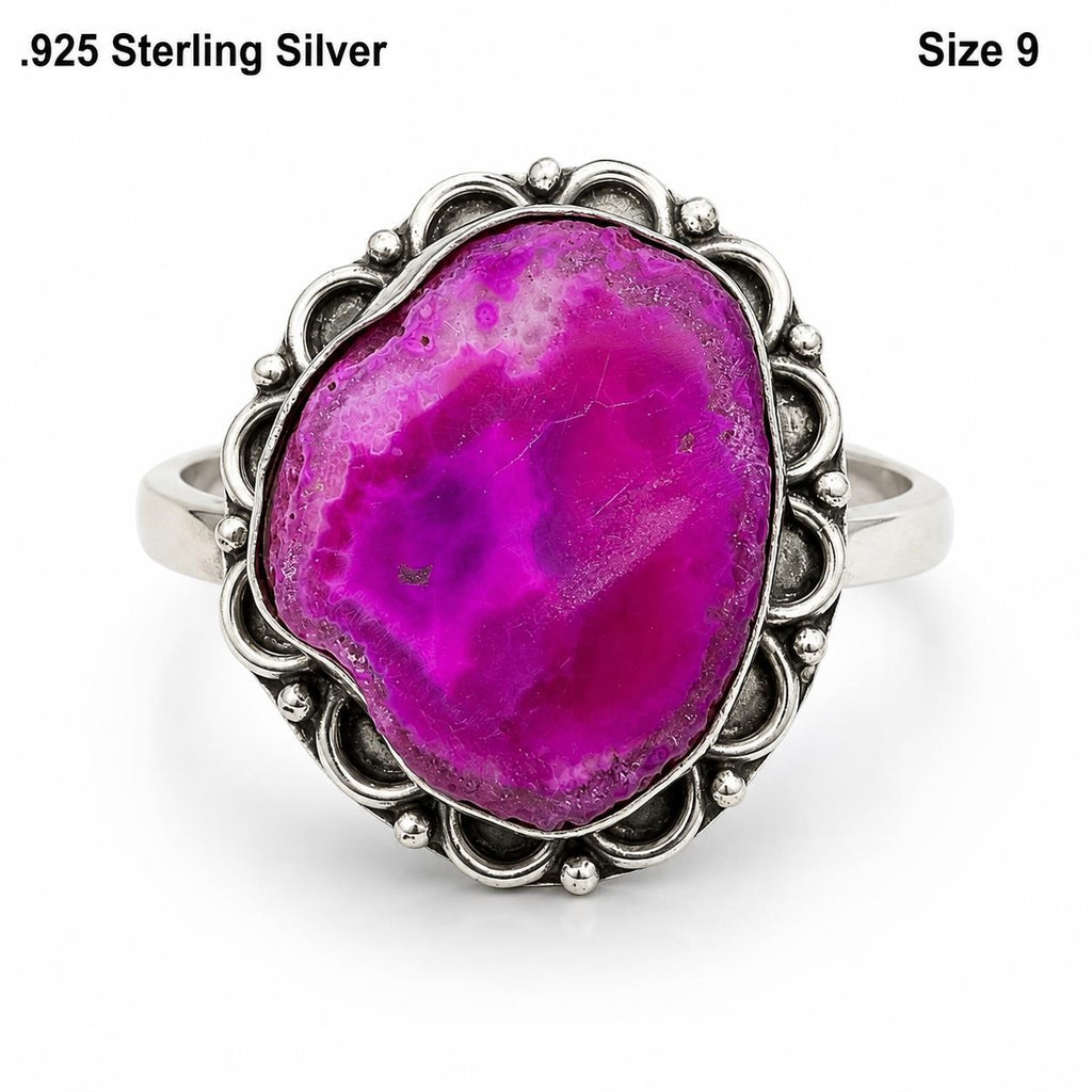 Sterling silver women's ring with vibrant fuchsia dyed agate stone, size 9, from Republic Mercantile.