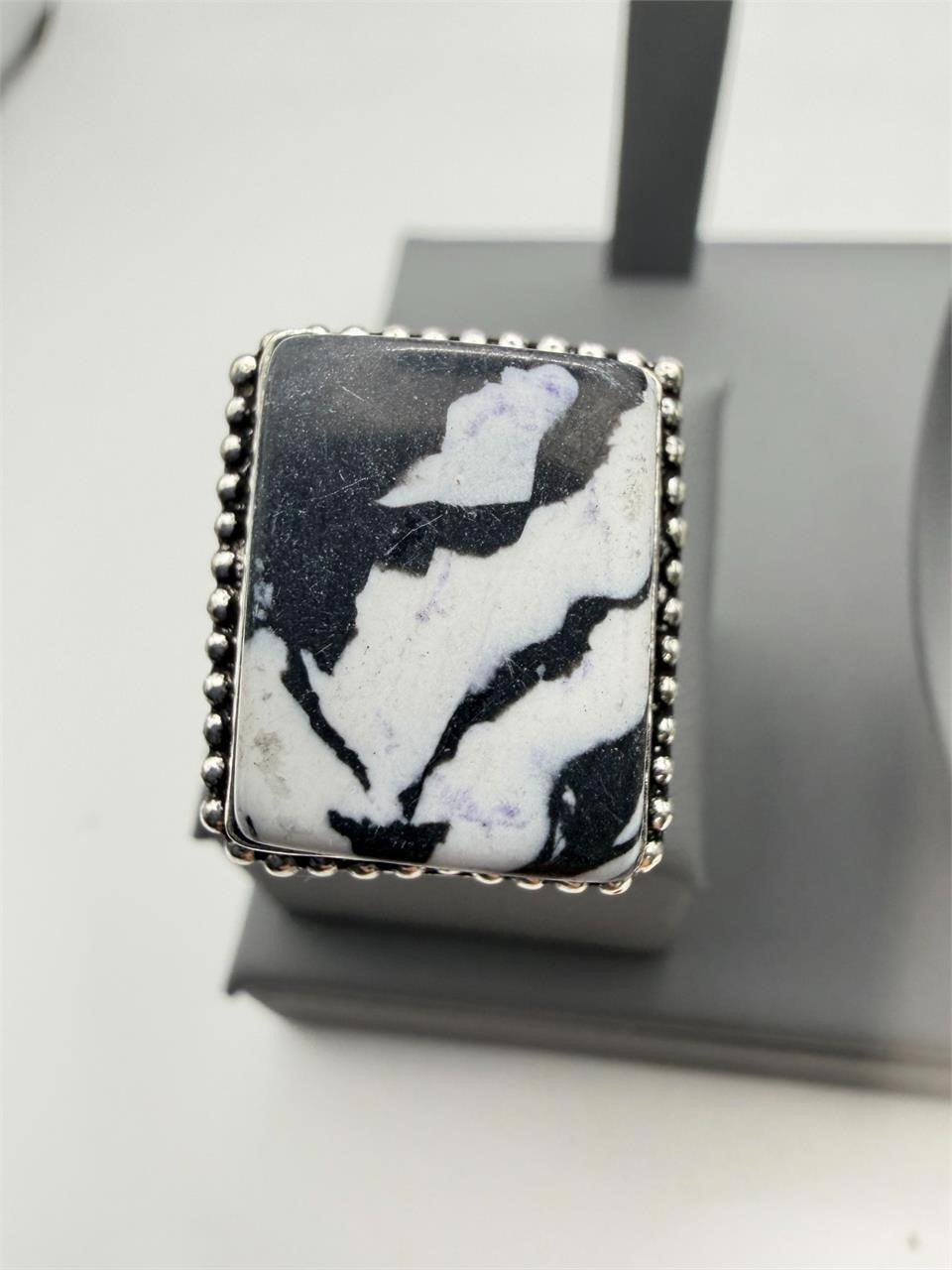Sterling silver and zebra jasper stone women's ring in size 10.5, featuring a polished band and unique patterned gemstone.
