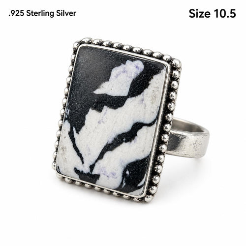 Sterling silver and zebra jasper stone women's ring in size 10.5, featuring a polished band and unique striped gemstone design.