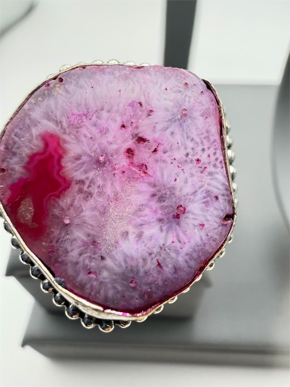 Sterling silver women's ring with pink dyed agate stone, size 8, from Republic Mercantile.
