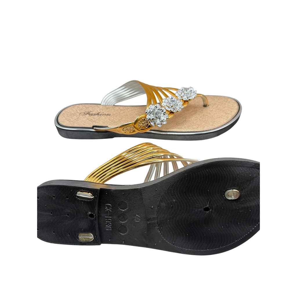 Bejeweled women's gold sandals by Republic Mercantile with bling detail, size US 9, featuring glamorous strap design.