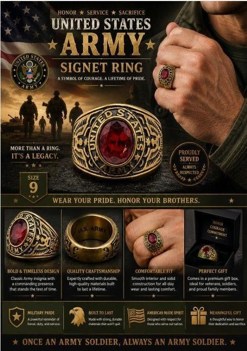 Men's US Army signet ring in red metal, size 10, featuring military insignia, from Republic Mercantile.