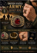 Men's US Army signet ring in red metal, size 10, featuring military insignia, from Republic Mercantile.