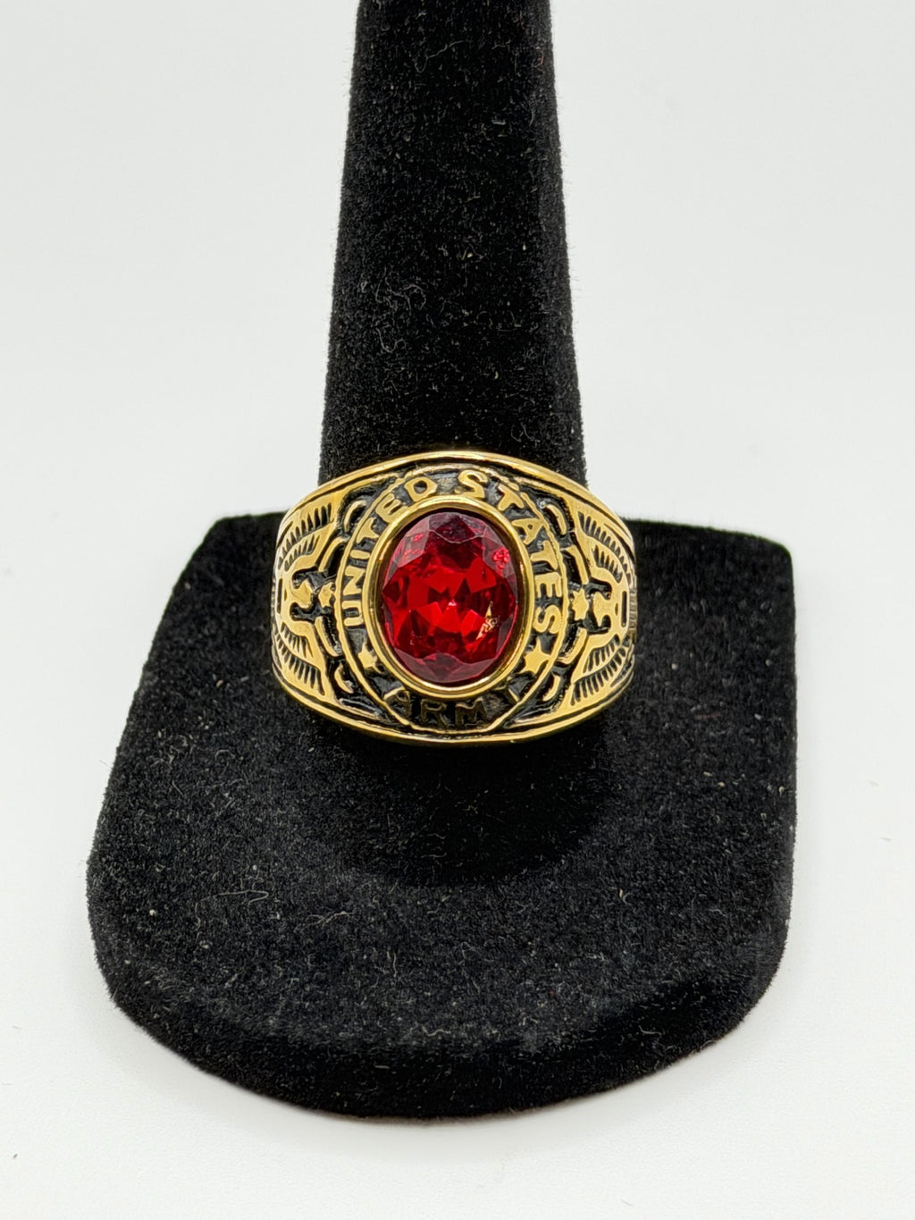 Men's US Army Signet Ring in red, size 10, by Republic Mercantile, featuring military insignia on a polished metal band.