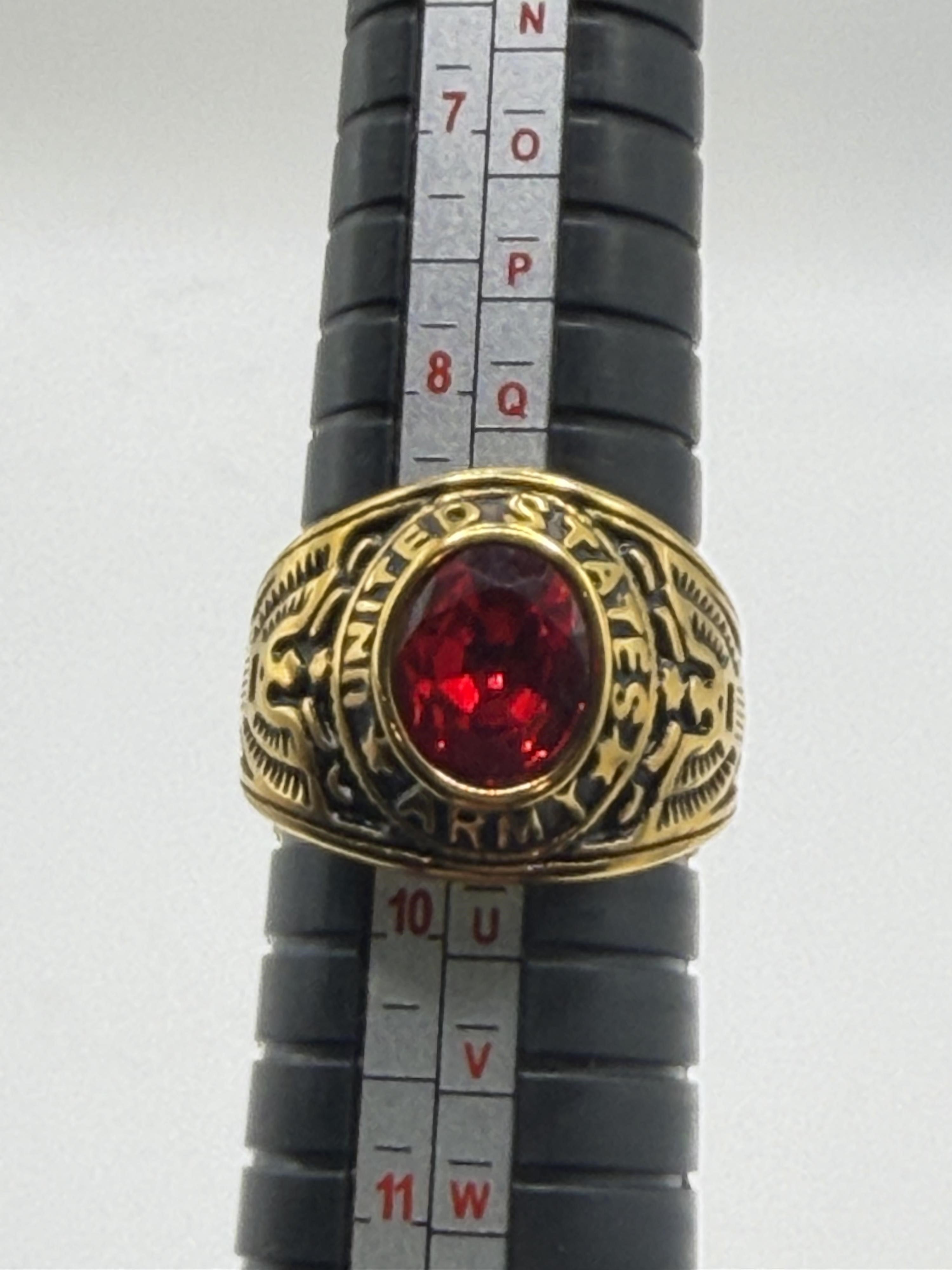 Men's US Army signet ring in red with engraved details, size 10, crafted by Republic Mercantile.