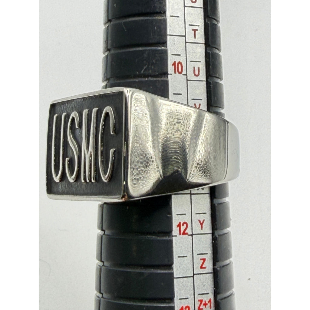 Men's silver US Marine Corps signet ring with engraved USMC emblem and size 11, crafted by Republic Mercantile.