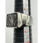 Men's silver US Marine Corps signet ring with engraved USMC emblem and size 11, crafted by Republic Mercantile.
