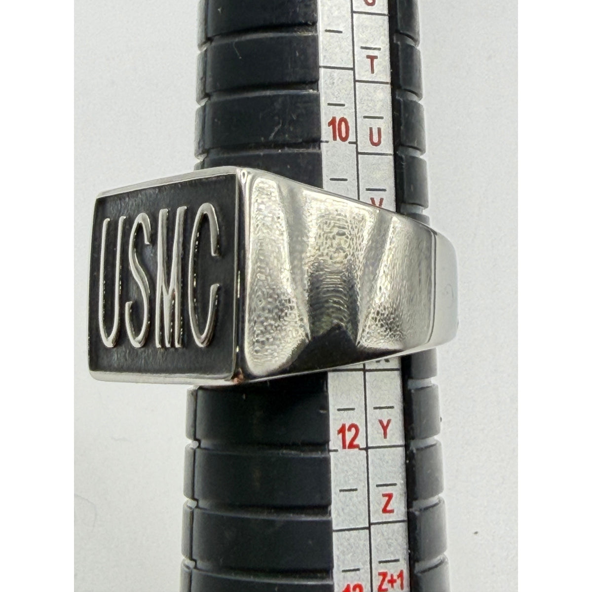 Men's silver US Marine Corps signet ring with engraved USMC emblem and size 11, crafted by Republic Mercantile.