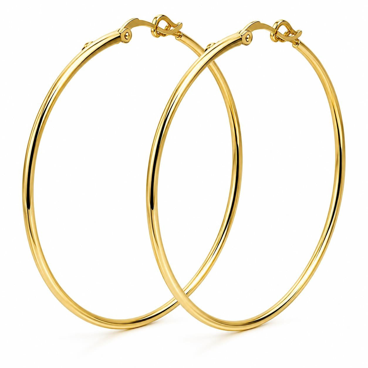 Gold stainless steel hoop earrings, 3-inch size, stylish jewelry by Republic Mercantile, shown on a neutral background.
