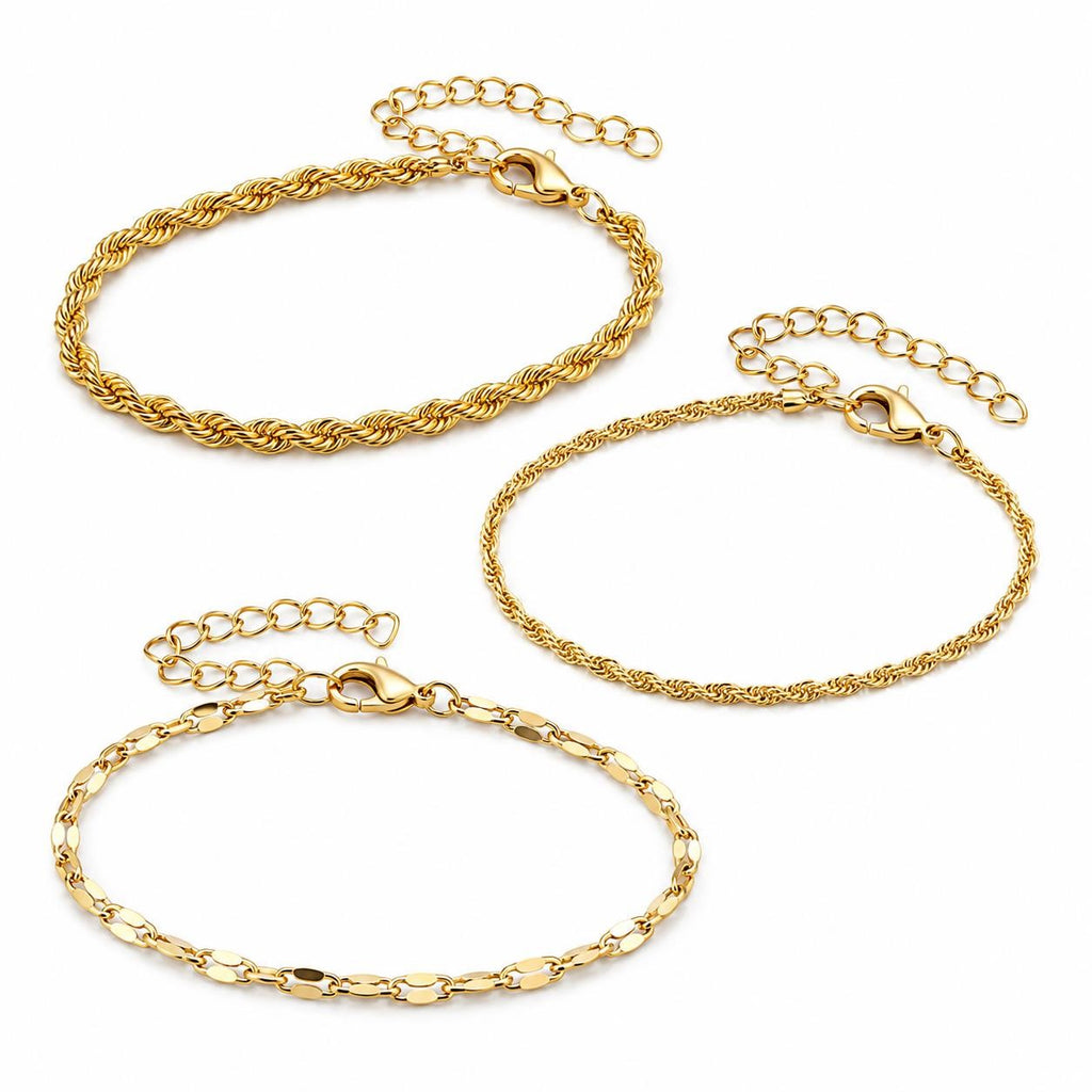 Set of three gold tone chain bracelets from Republic Mercantile, featuring layered chain designs and adjustable clasps.