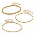 Set of three gold tone chain bracelets from Republic Mercantile, featuring layered chain designs and adjustable clasps.