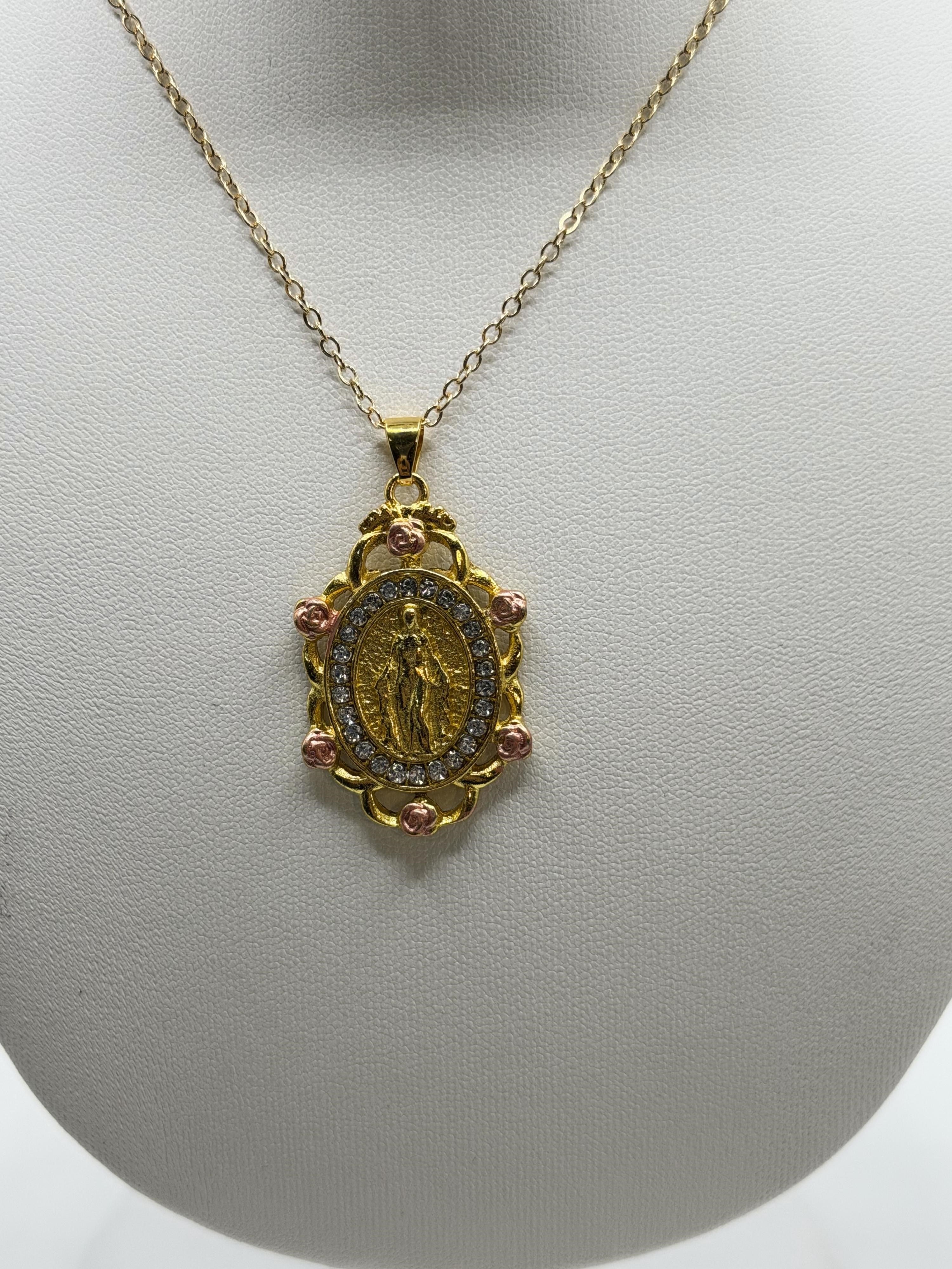 Beautiful Mother Mary Pendant Necklace Rose Accent