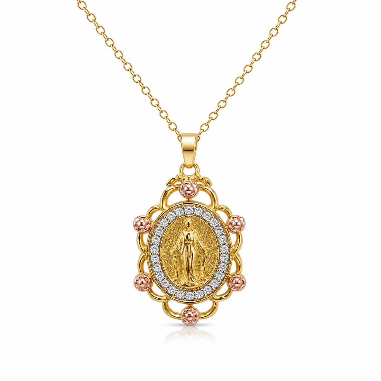 Beautiful Mother Mary Pendant Necklace Rose Accent