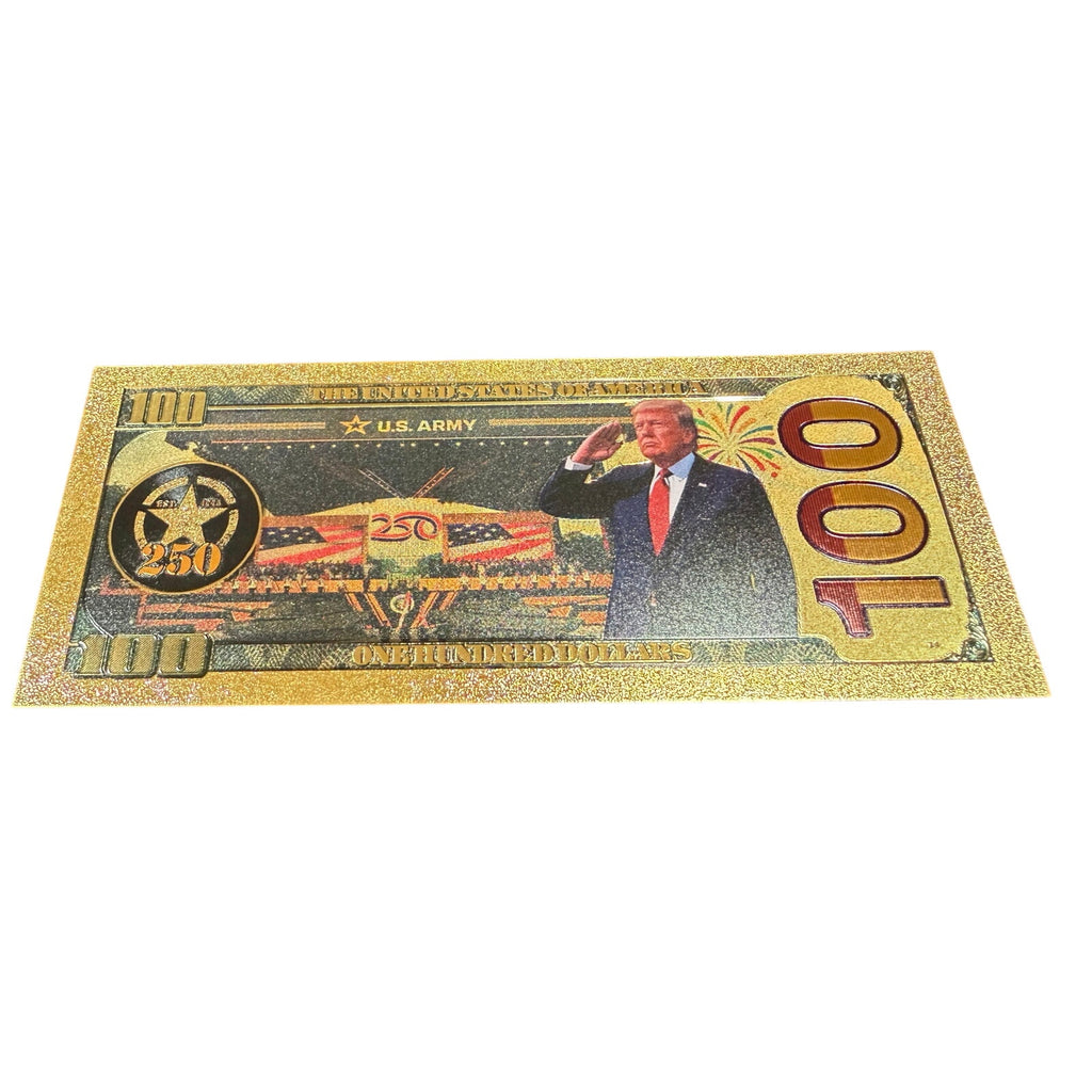 Gold-foil novelty note celebrating 250th anniversary from Republic Mercantile, featuring intricate designs and commemorative details.