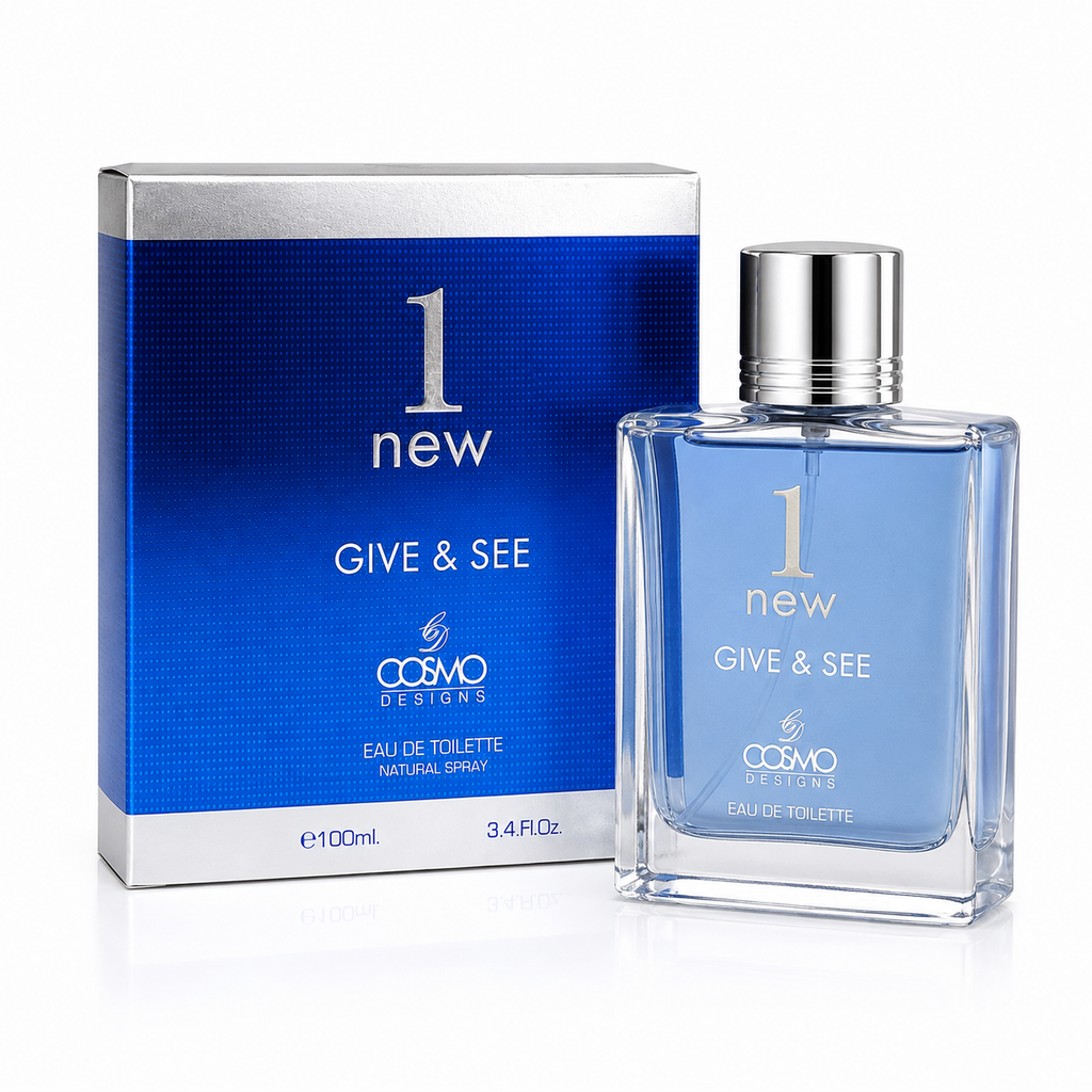 Cosmo 1 New Give & See men's fragrance bottle with sleek design and clear label, displayed on a neutral background.