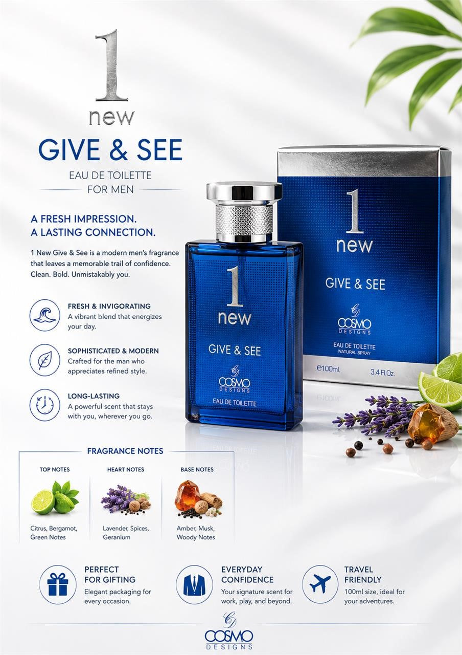 Cosmo 1 New Give & See men's fragrance bottle with sleek design and modern branding, displayed on a neutral background.