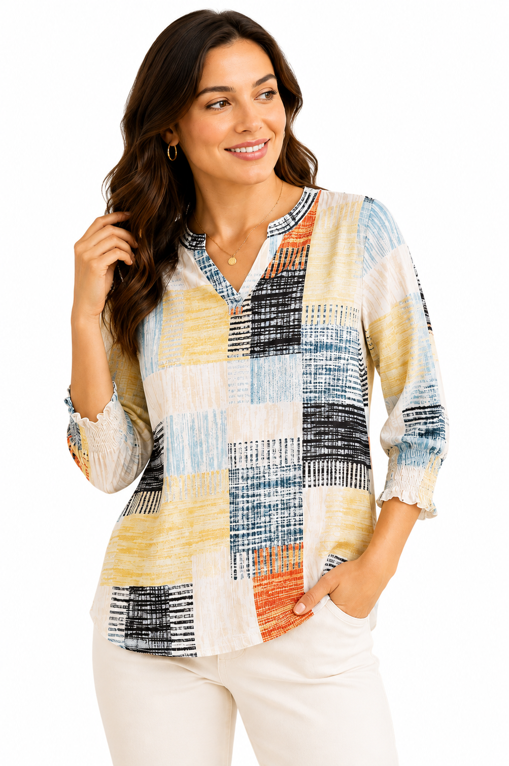 Fantaslook blouse with 3/4 ruffled sleeves in size M, featuring a stylish, lightweight fabric and feminine design.