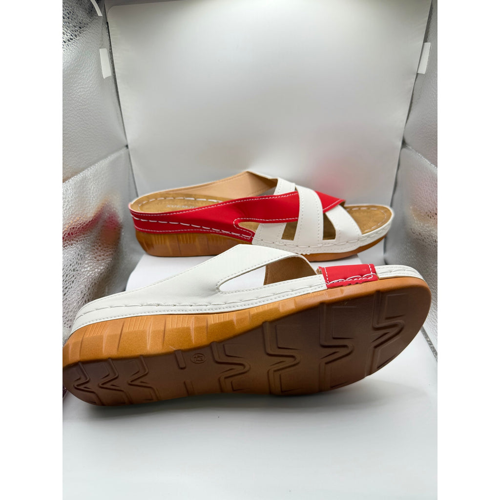 Xuemjiao red and white comfort slide sandals in size 11 with cushioned straps and slip-on design.