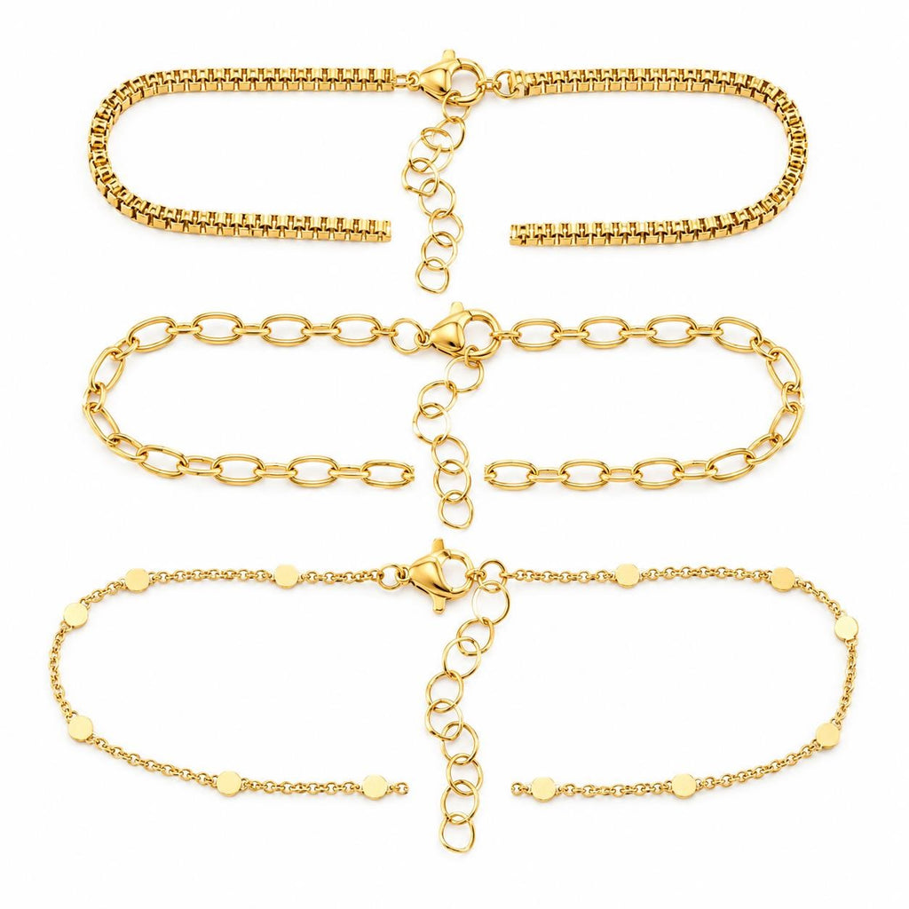Set of three gold tone chain bracelets from Republic Mercantile featuring layered links and stylish jewelry design.