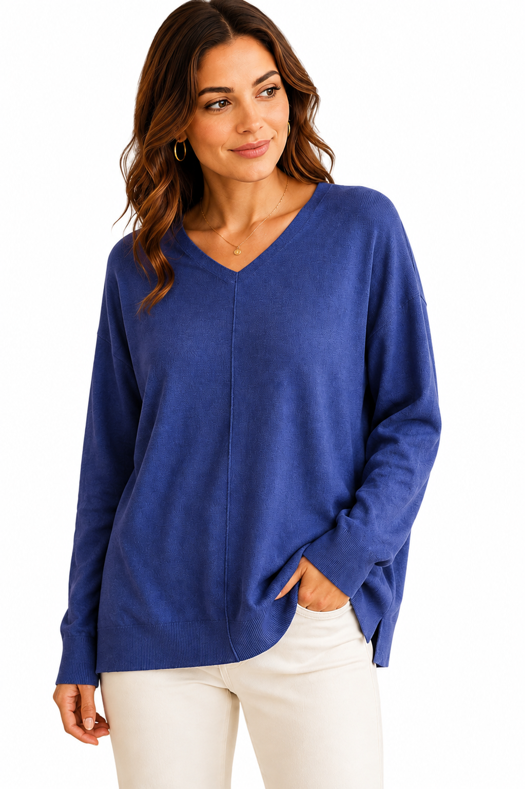 Moshu long sleeve V-neck wool blouse in size L, featuring a cozy, stylish design with a fitted silhouette.