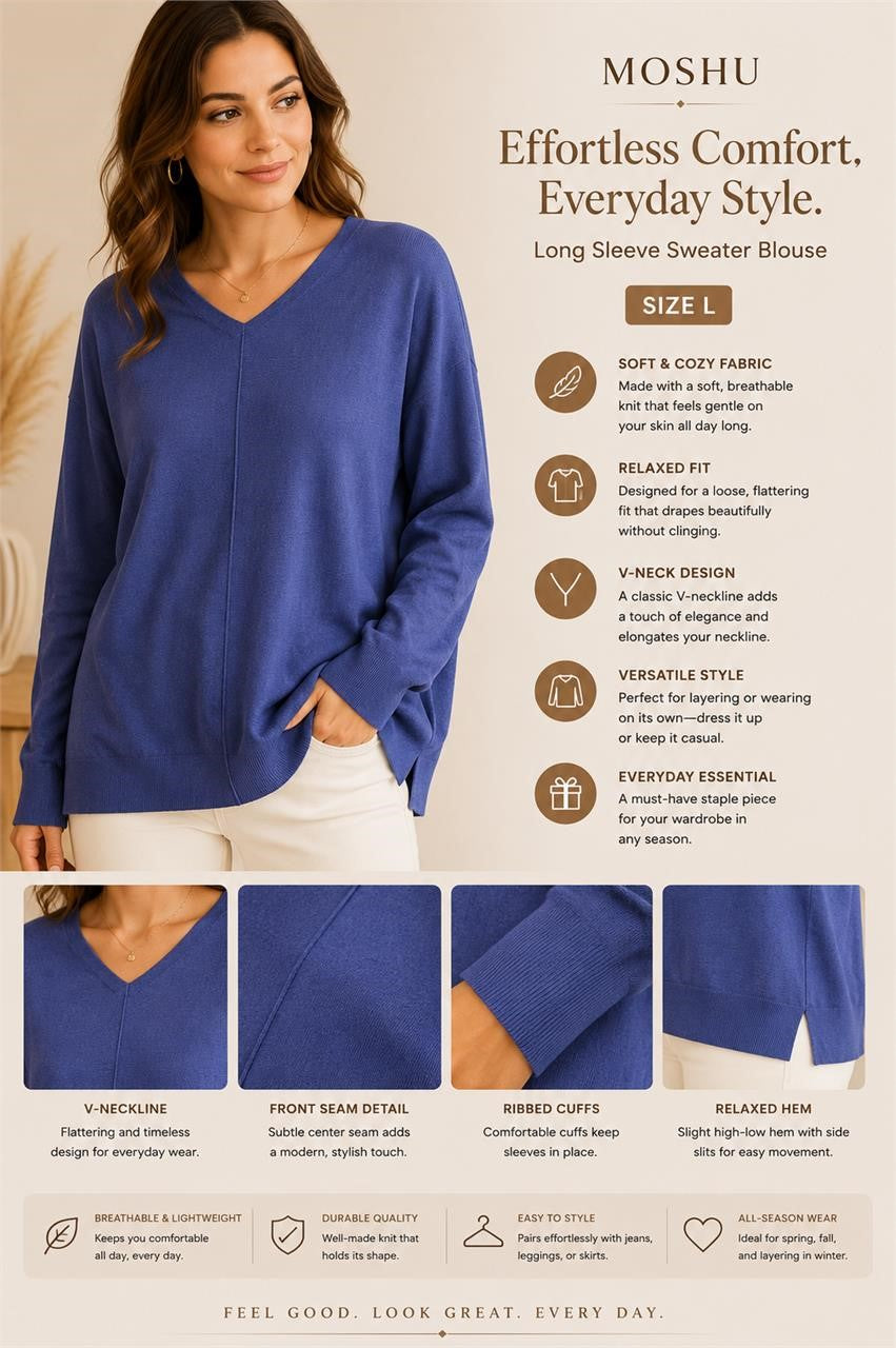 Moshu long sleeve wool V-neck blouse in size L, featuring a stylish, cozy design with a fitted silhouette and soft fabric.