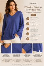 Moshu long sleeve wool V-neck blouse in size L, featuring a stylish, cozy design with a fitted silhouette and soft fabric.