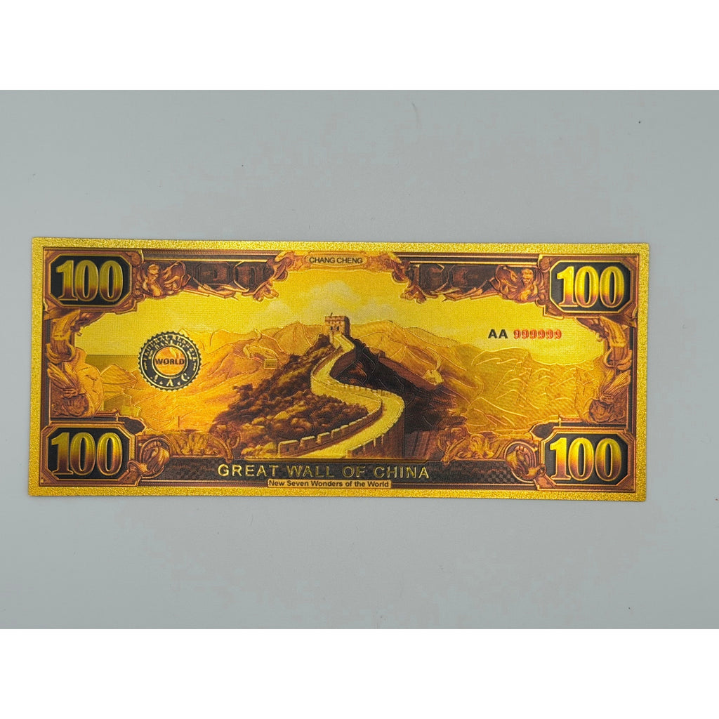 Set of 7 gold foiled novelty notes featuring the 7 Wonders of the World, by Republic Mercantile, displayed on a white background.