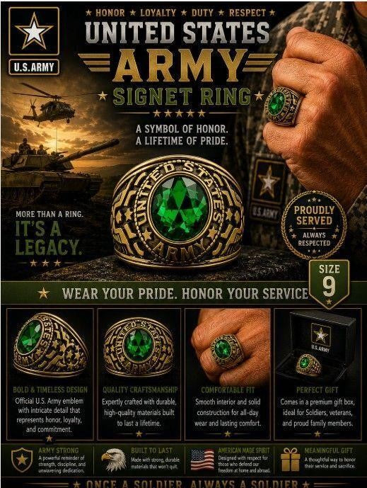Men's US Army Signet Ring in green metal, size 10, from Republic Mercantile, featuring military emblem and detailed design.