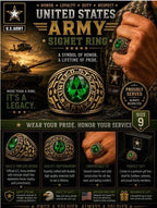 Men's US Army Signet Ring in green metal, size 10, from Republic Mercantile, featuring military emblem and detailed design.