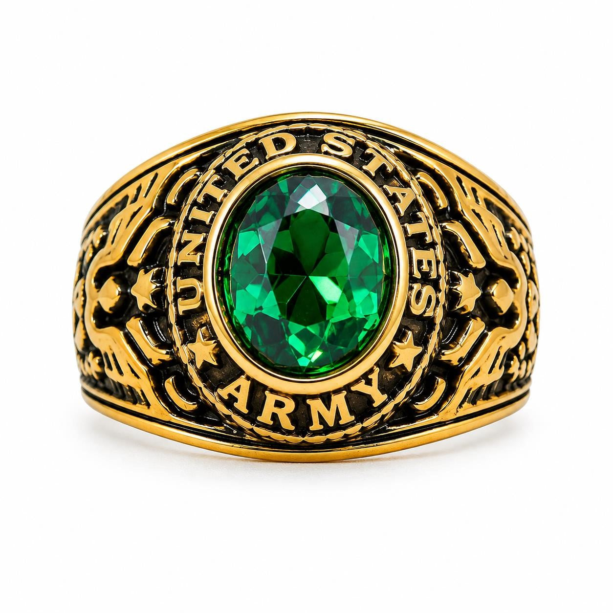 Men's US Army signet ring in green with size 10 from Republic Mercantile, featuring military emblem on polished metal band.