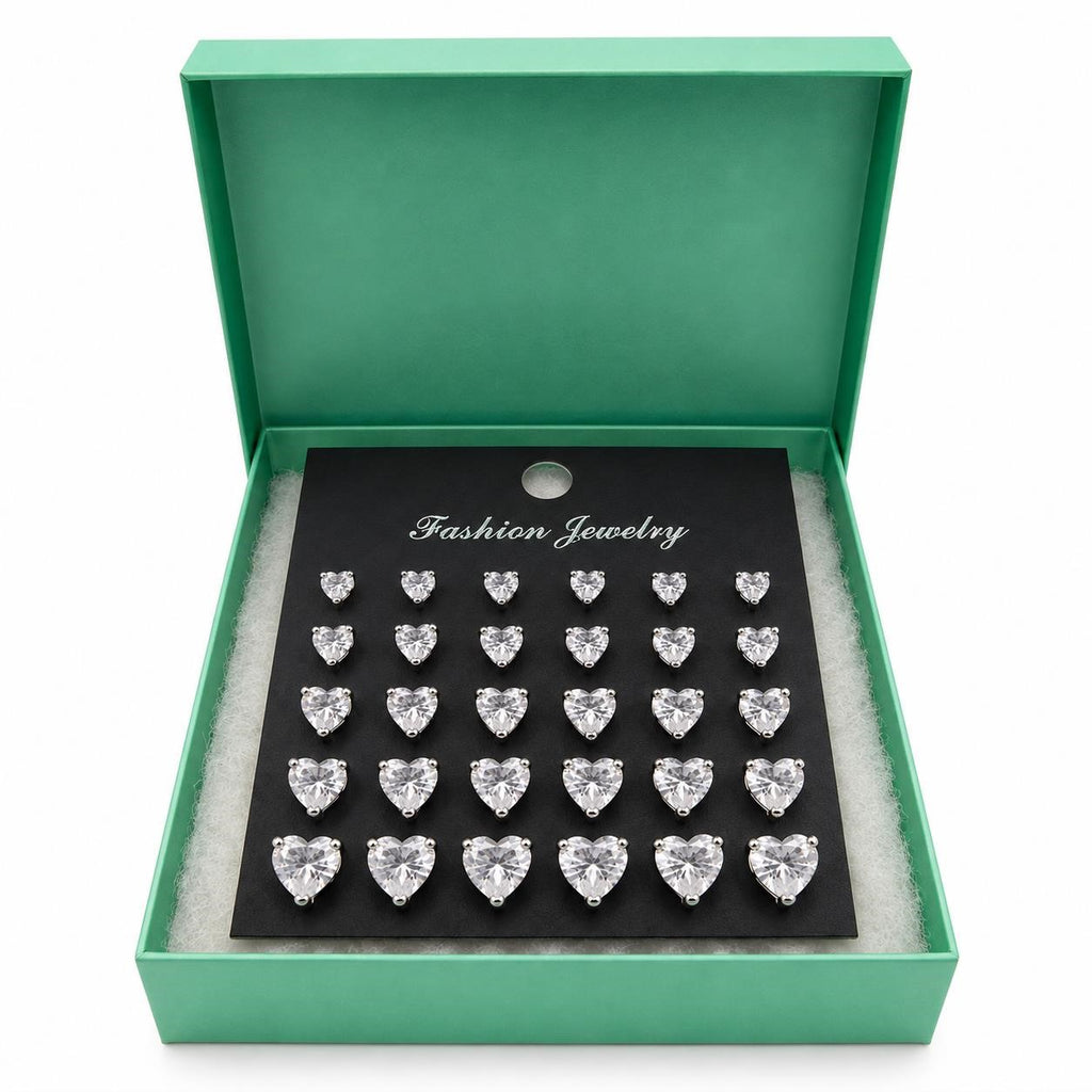 Pair of 12 heart-shaped rhinestone earrings by Republic Mercantile, sparkling jewelry with intricate design and shining stones.