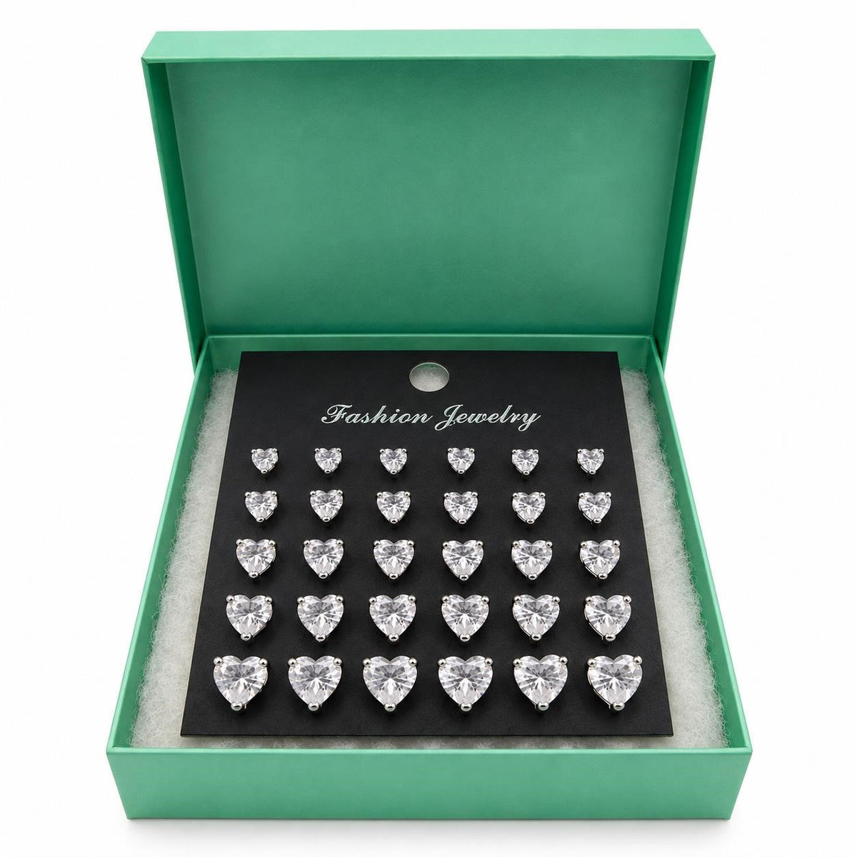 Pair of 12 heart-shaped rhinestone earrings by Republic Mercantile, sparkling jewelry with intricate design and shining stones.