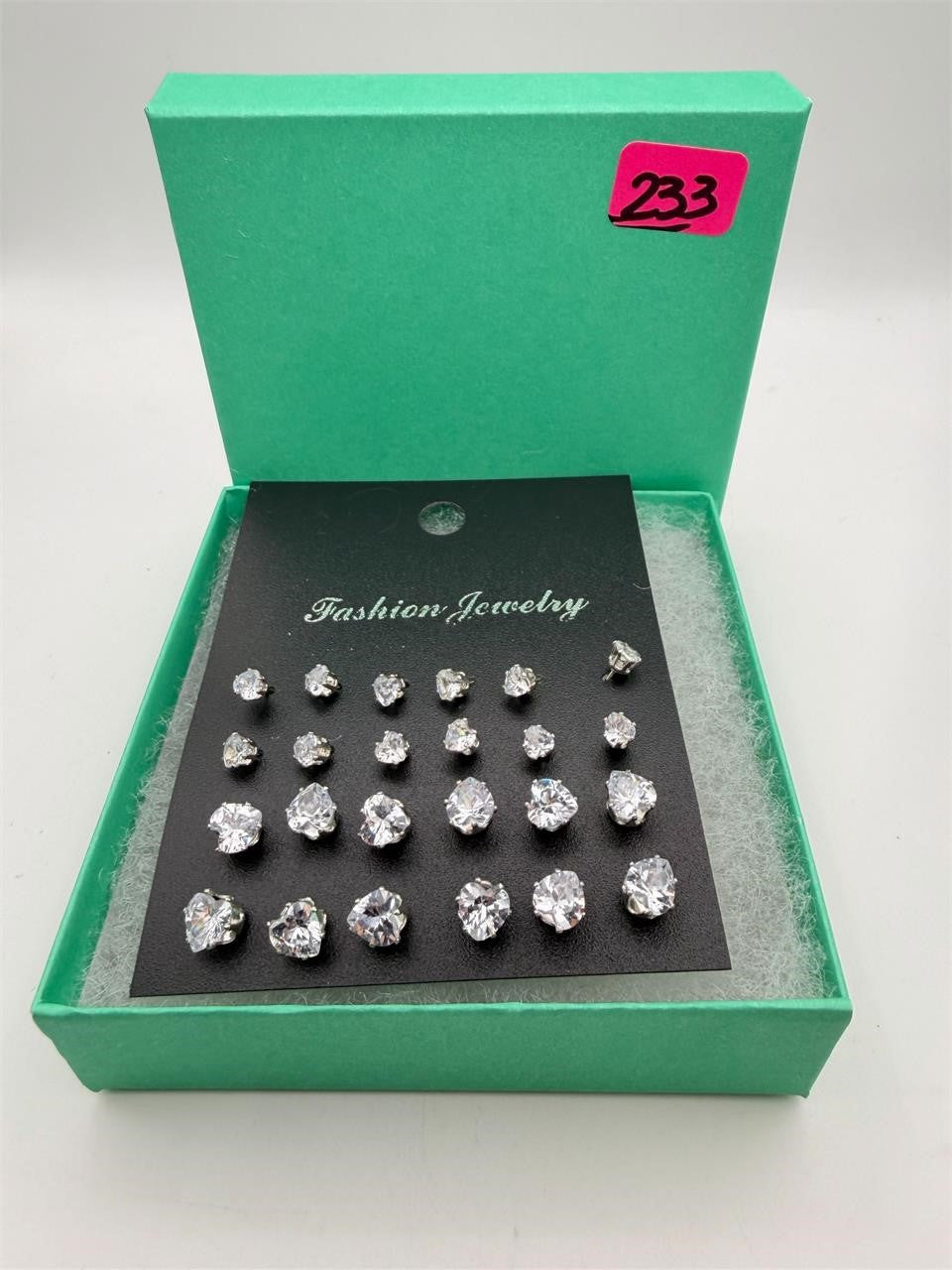 Set of 12 rhinestone heart earrings by Republic Mercantile featuring sparkling stones and silver-tone hooks.
