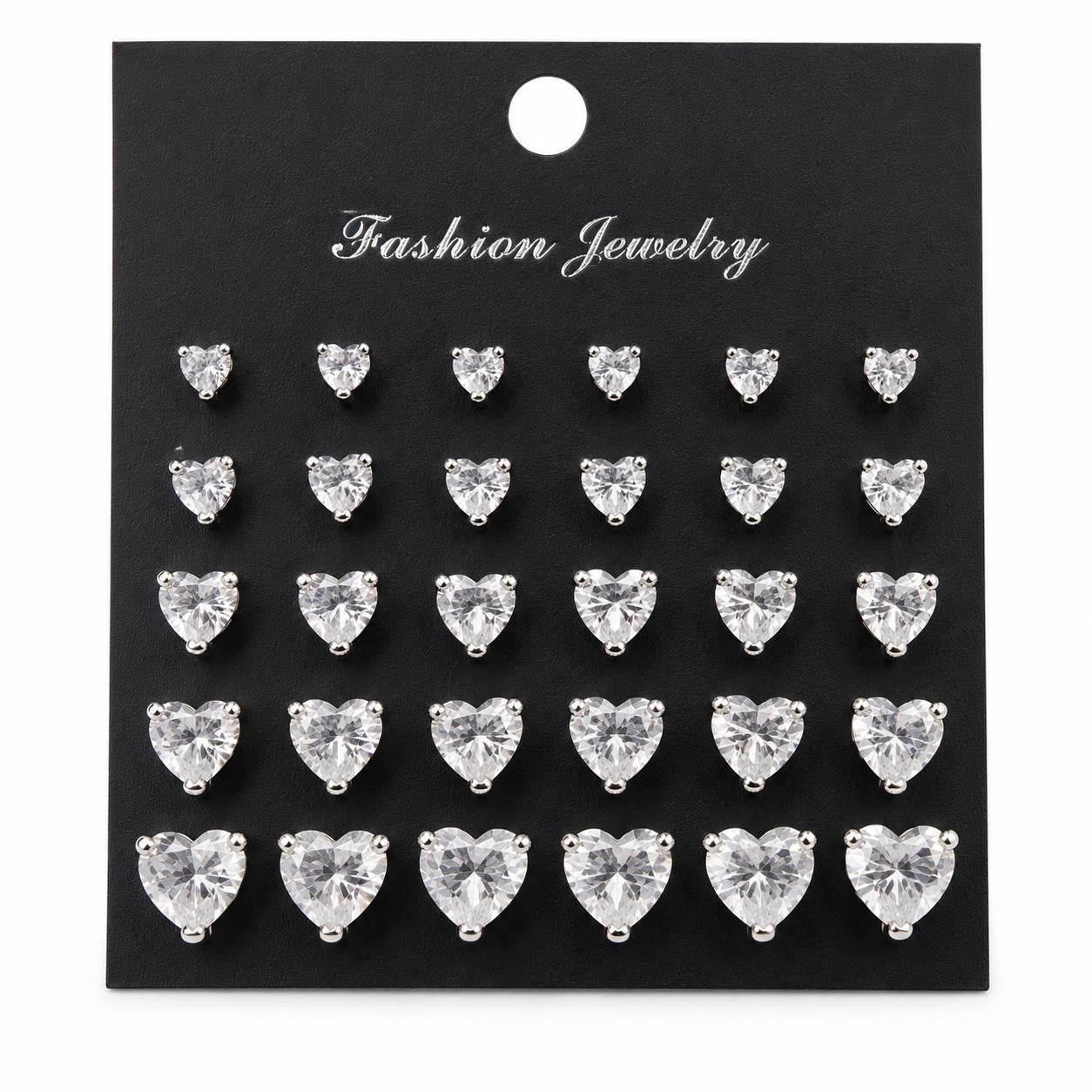 12 pairs of heart-shaped rhinestone earrings by Republic Mercantile displayed in a close-up image.