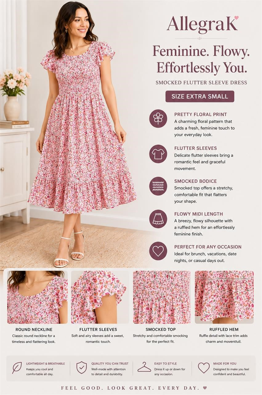 AllegraK floral print midi dress in size XS, featuring a fitted bodice and flowing skirt with vibrant floral patterns.