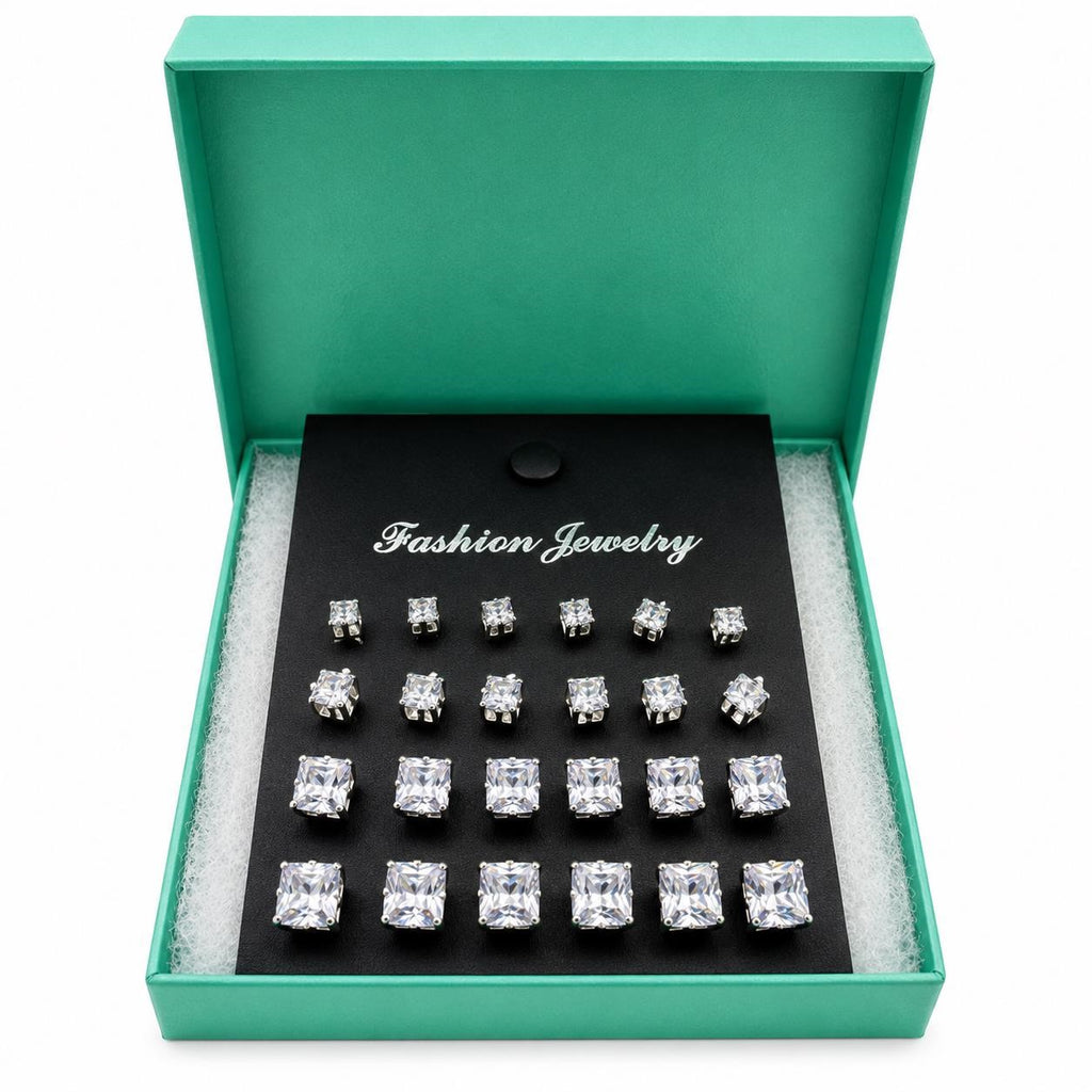 Set of 12 square rhinestone earrings from Republic Mercantile, featuring sparkling gemstone embellishments for stylish wear.