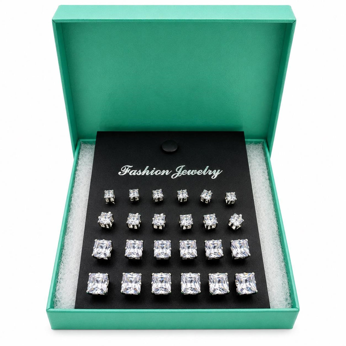 Set of 12 square rhinestone earrings from Republic Mercantile, featuring sparkling gemstone embellishments for stylish wear.