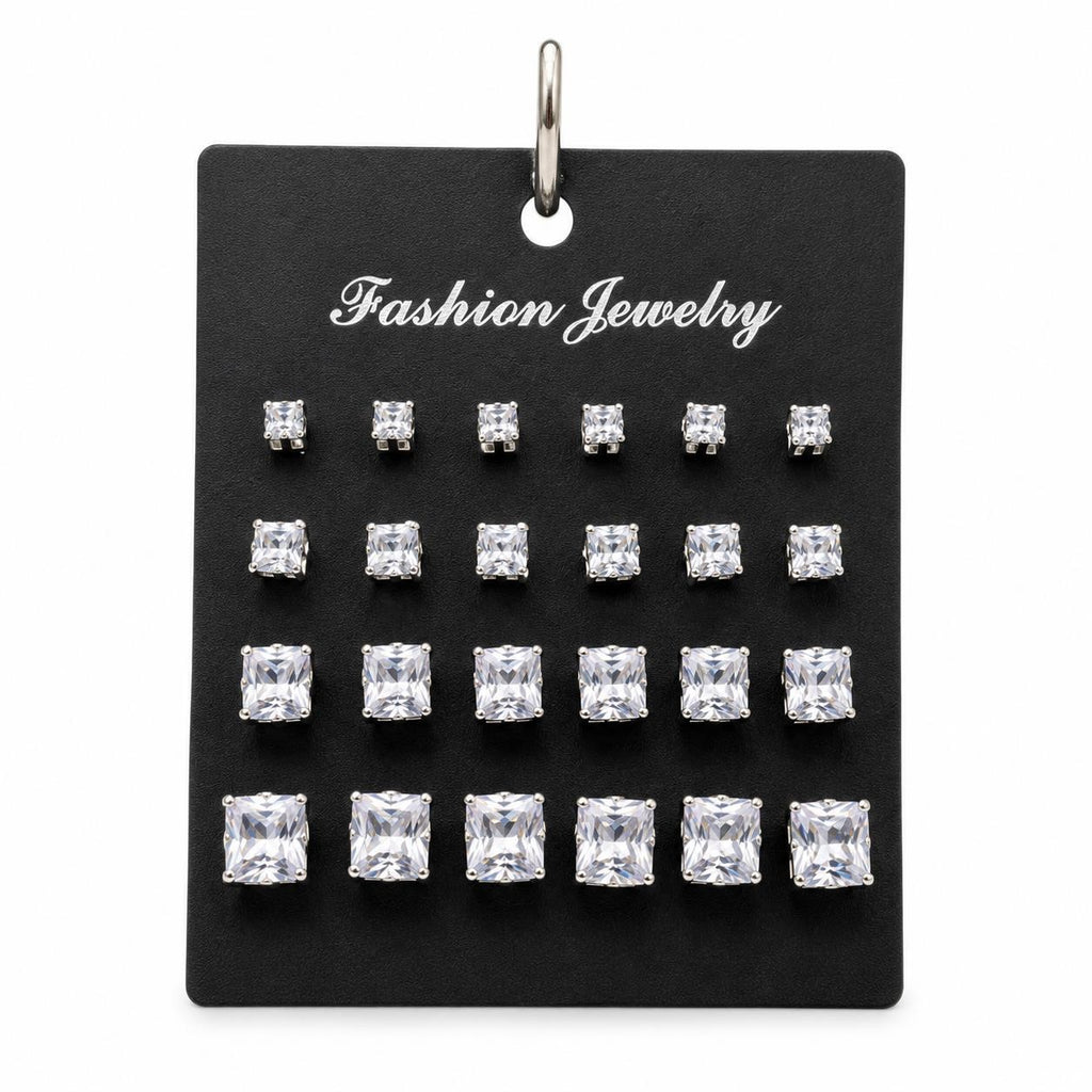 12 pairs of square rhinestone earrings by Republic Mercantile, showcasing sparkling jewelry with geometric design.