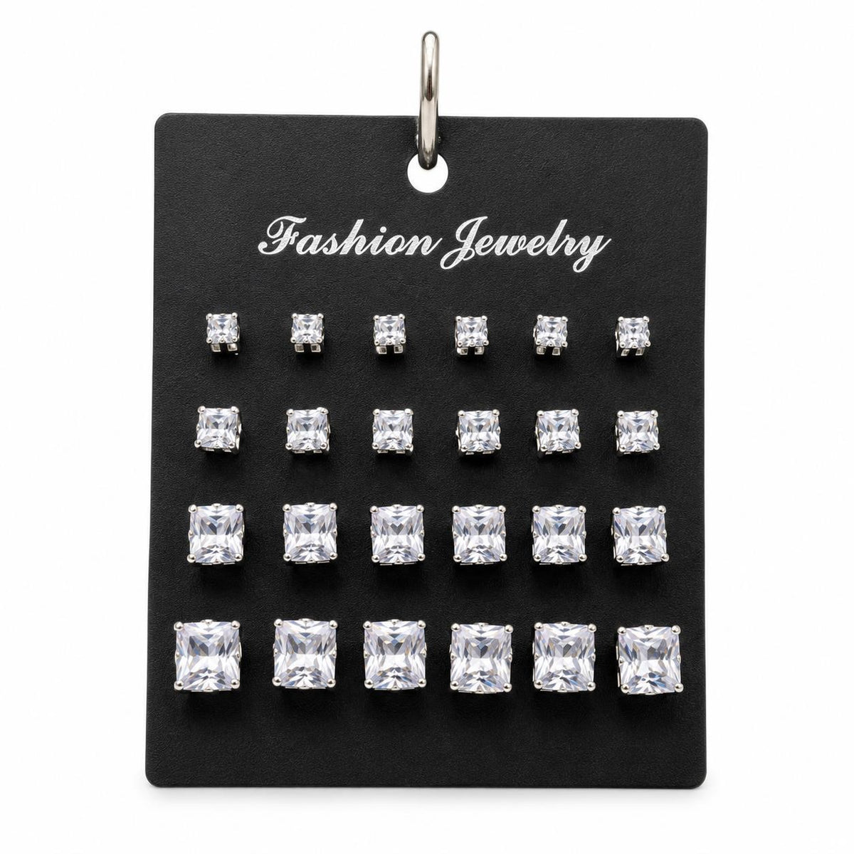 12 pairs of square rhinestone earrings by Republic Mercantile, showcasing sparkling jewelry with geometric design.