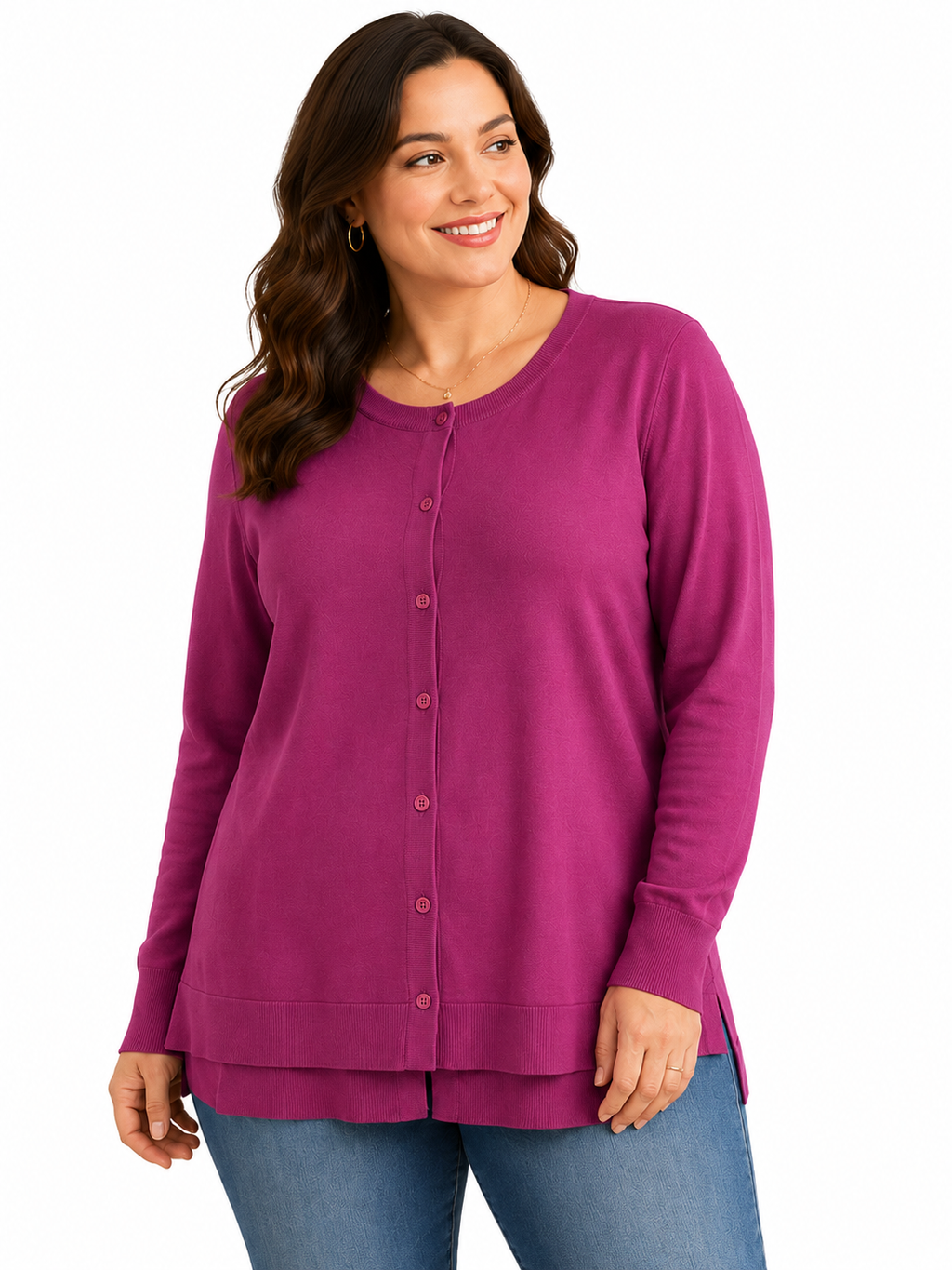 Uplove magenta cardigan sweater in size L, featuring a cozy knit fabric and button-front design, displayed on a hanger.