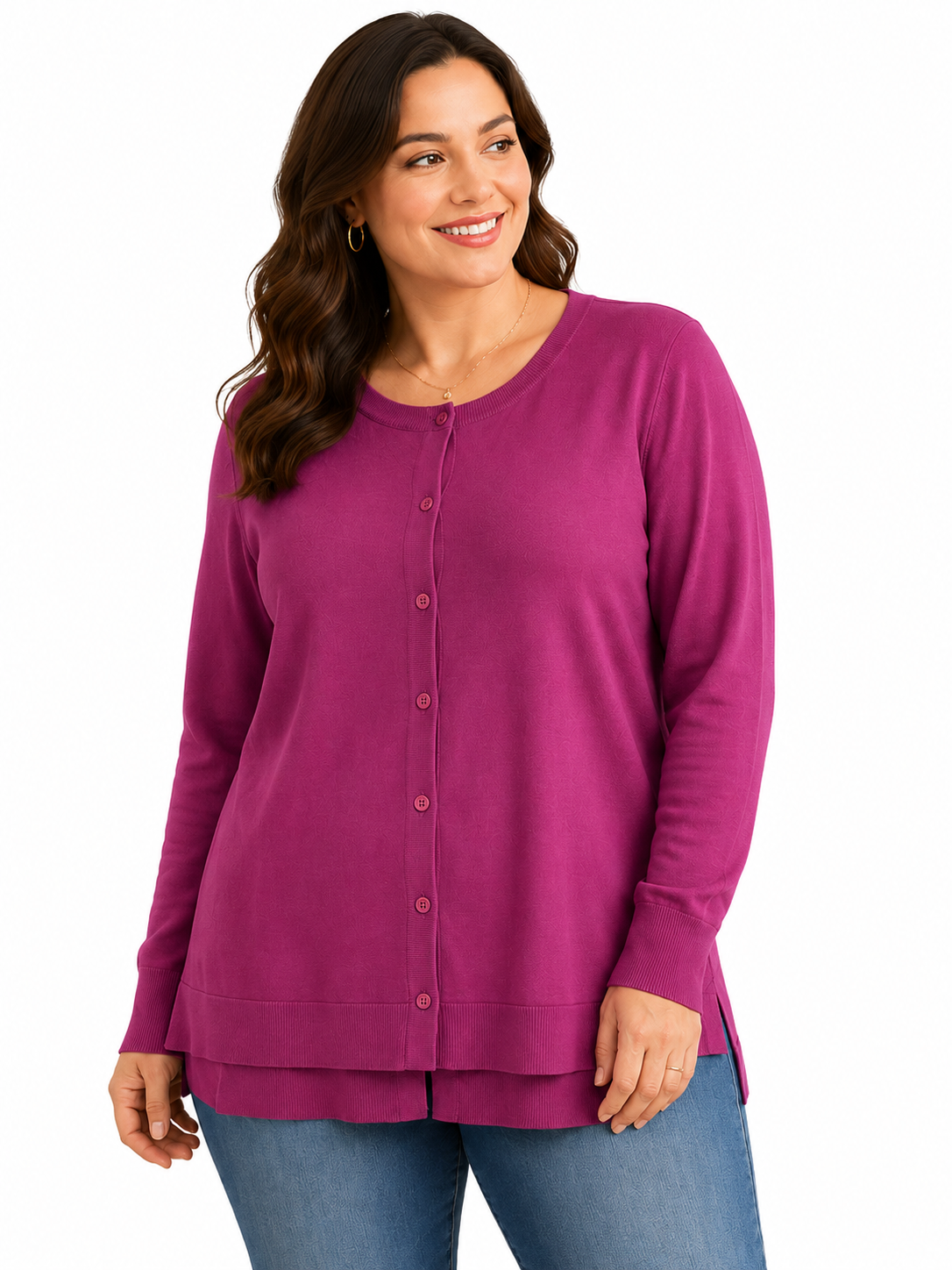 Uplove magenta cardigan sweater in size L, featuring a cozy knit fabric and button-front design, displayed on a hanger.