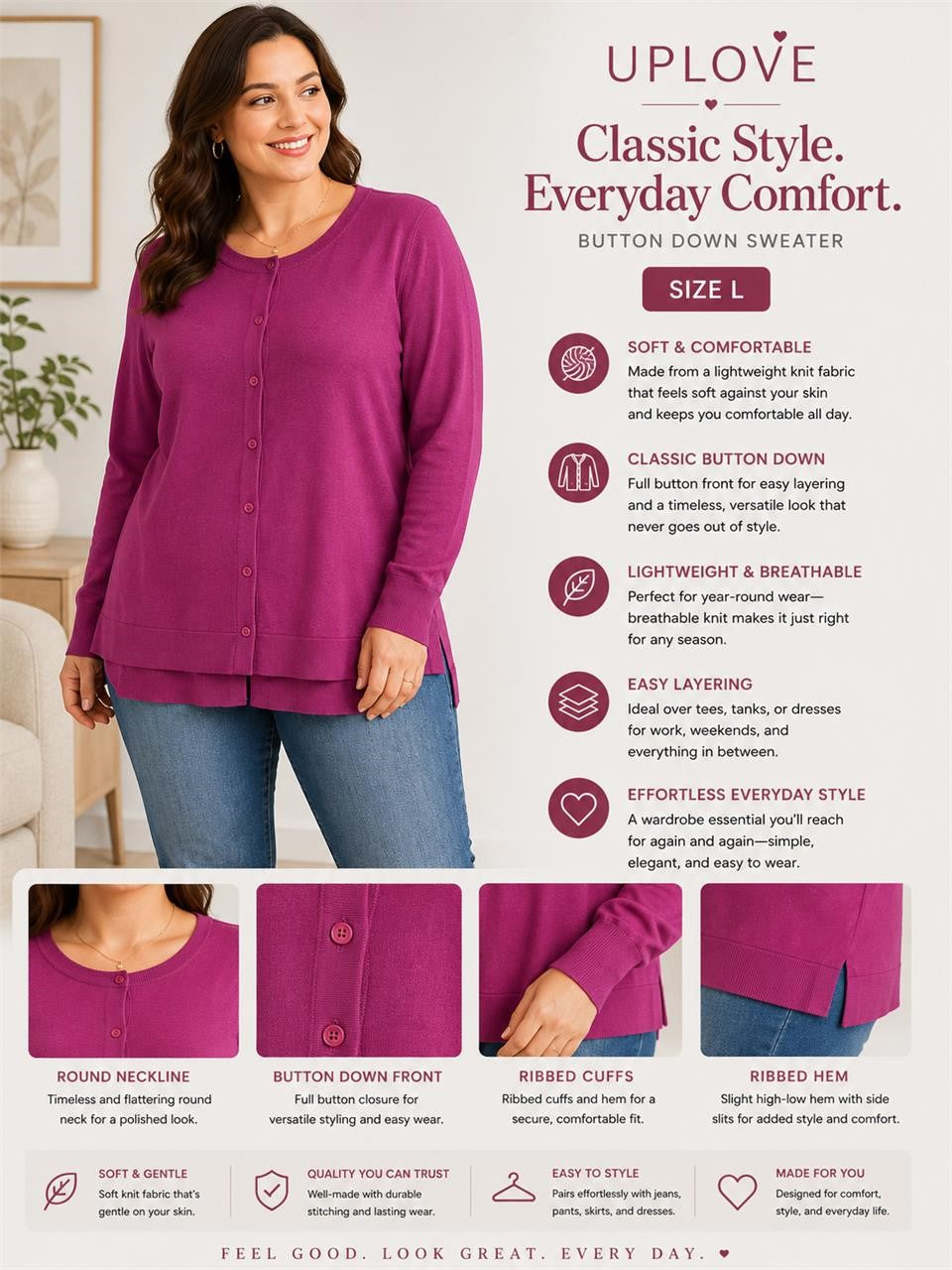 Uplove magenta cardigan sweater in size L, featuring a soft knit fabric and button-up front, displayed on a neutral background.