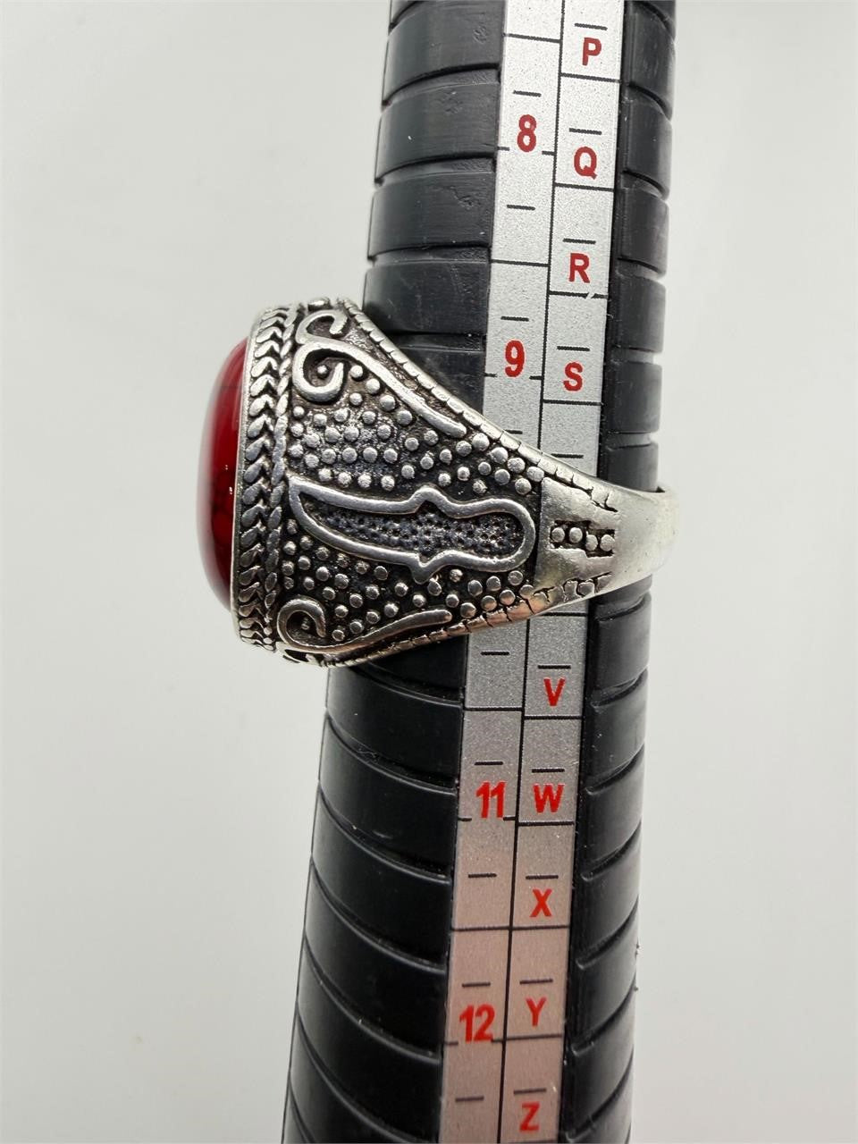 Men's antique silver-tone ring featuring a red-dyed agate stone, size 10, from Republic Mercantile.