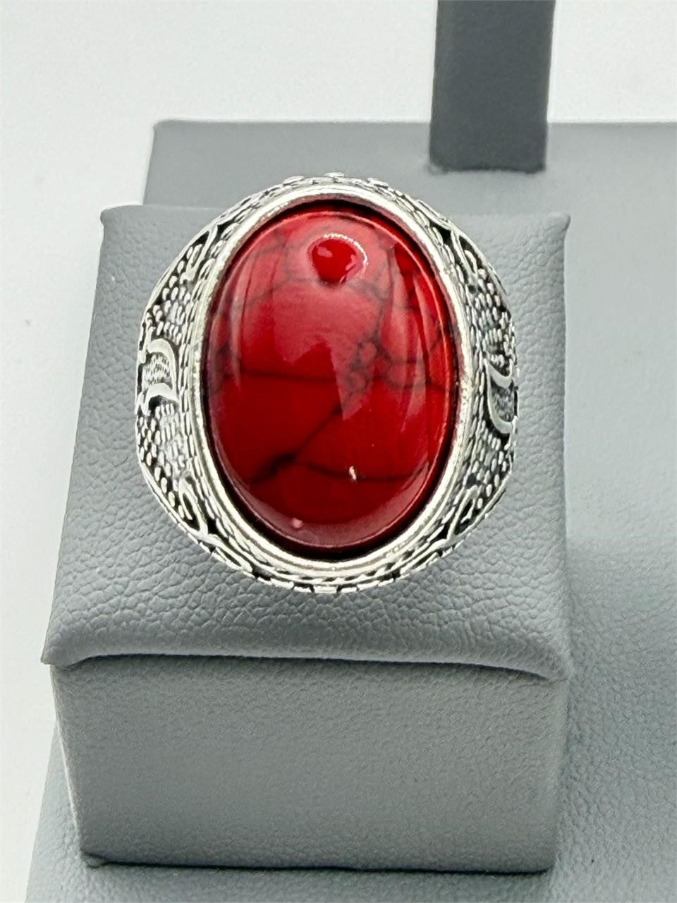 Men's antique silver-toned ring featuring a red-dyed agate stone, size 10, by Republic Mercantile.