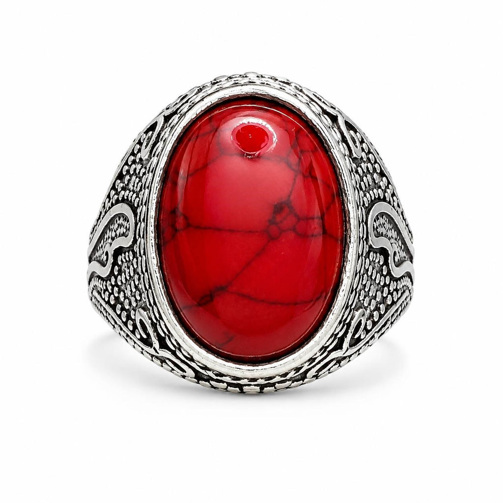 Men's antique silver-toned ring with red-dyed agate stone, size 10, featuring intricate design by Republic Mercantile.