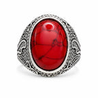 Men's antique silver-toned ring with red-dyed agate stone, size 10, featuring intricate design by Republic Mercantile.
