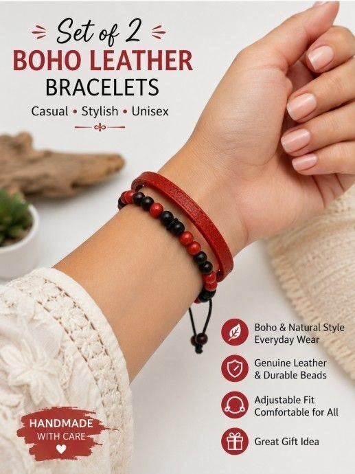 NEW Two-Piece Leather Bracelet Red & Black