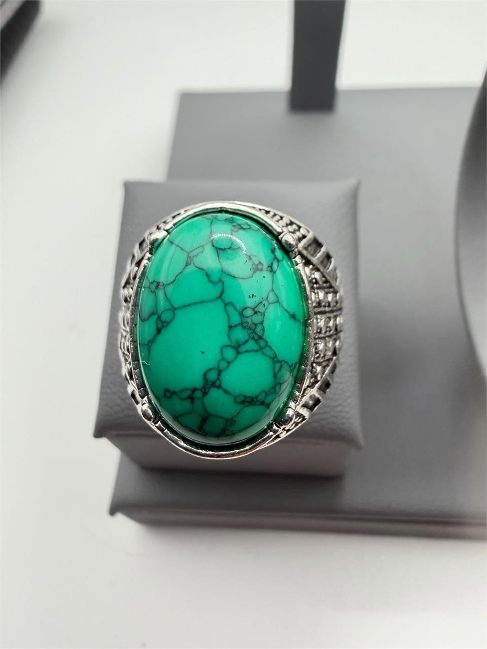 Men's antique silver-toned ring featuring a dyed howlite stone, size 9, from Republic Mercantile.