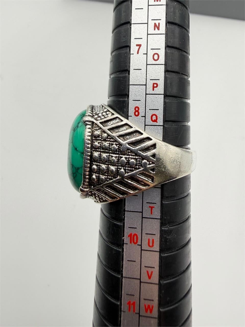 Men's antique silver-toned ring with dyed howlite stone, size 9, featuring intricate design and polished finish by Republic Mercantile.