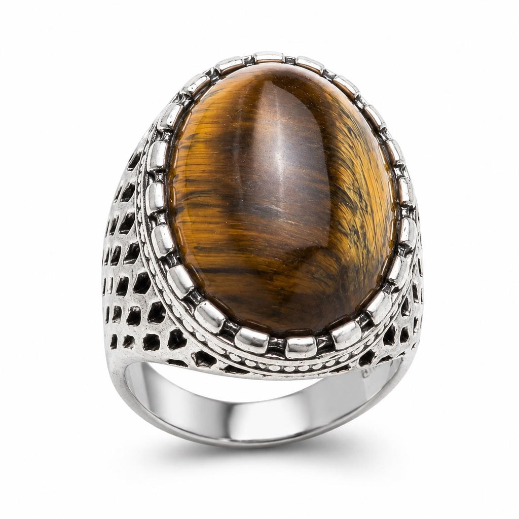 Men's antique silver-toned ring with tiger's eye stone, size 8, from Republic Mercantile featuring detailed craftsmanship.